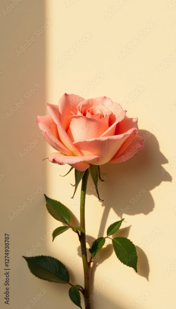 Fototapeta premium Soft petals of rose in morning light with subtle shadow on beige background, flowers, beige, roses