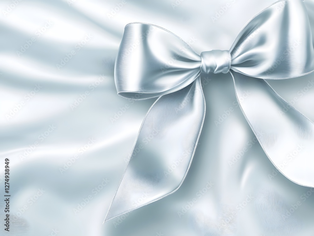 Naklejka premium Silver Satin Ribbon Bow on Satin Fabric