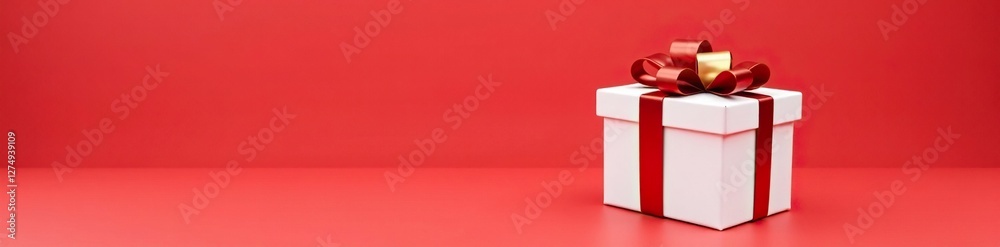 Isolated white box with bright red ribbon and shiny golden bow, present, bow Isolated white box with bright red ribbon and shiny golden bow, present, bow