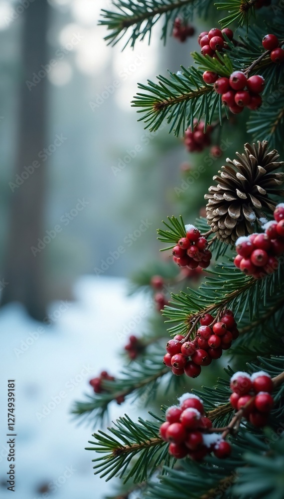 Red berries and pinecones in a wintery forest scene, garland, rustic, pinecone