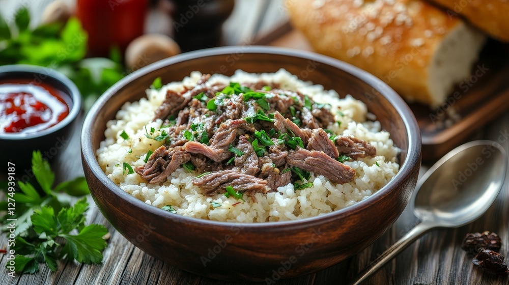 A bowl of rice topped with shredded beef and herbs, served with bread and sauce.