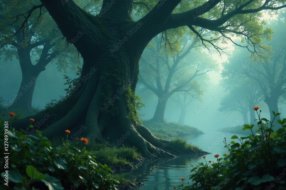 Dark trunk of ancient tree hidden among tangled vines and misty fog, swamps, dinosaur Dark trunk of ancient tree hidden among tangled vines and misty fog, swamps, dinosaur