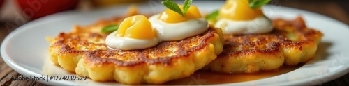 Latkes in a row on a plate with sour cream and applesauce dolloped on top, crispy, fried potato, sour cream photo