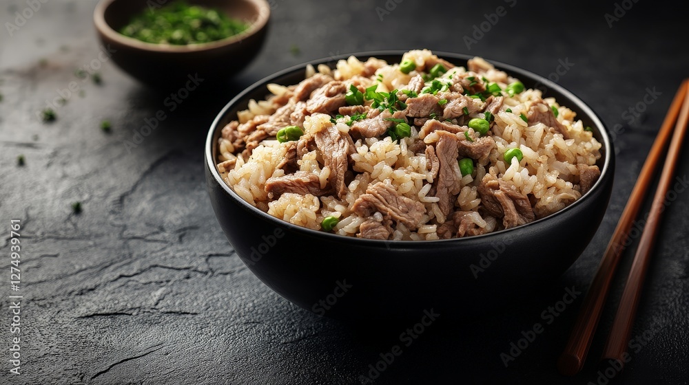 A bowl of rice topped with shredded meat and green onions, served with chopsticks. A bowl of rice topped with shredded meat and green onions, served with chopsticks.