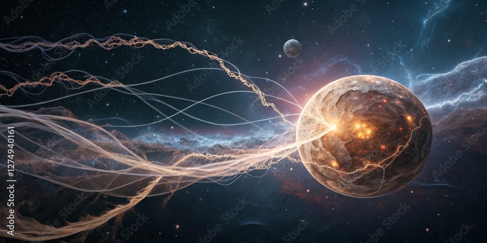 Cosmic energy beams emerge from a distant planet surrounded by celestial bodies in a vibrant galaxy