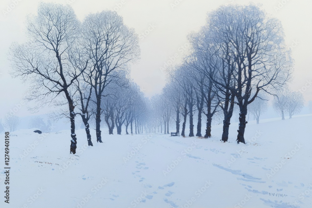 Fototapeta premium Winter road with snow-covered trees on sides, footprints lead to horizon