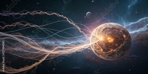 Obraz na płótnie Cosmic energy beams emerge from a distant planet surrounded by celestial bodies in a vibrant galaxy w salonie