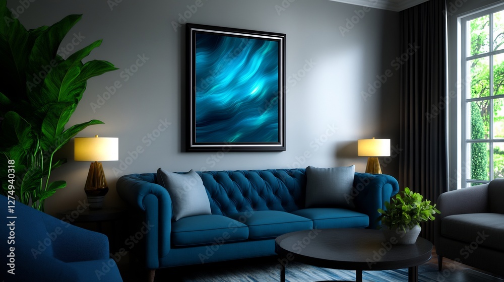 Elegant Blue Sofa And Decorative Elements In Modern Farmhouse Living Room Elegant Blue Sofa And Decorative Elements In Modern Farmhouse Living Room