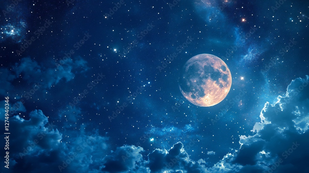 Fototapeta premium glowing full moon in a dark starry night sky