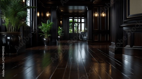 Wallpaper Mural Elegant Dark Wooden Hallway Interior with Classic Design and Plant Decor Torontodigital.ca