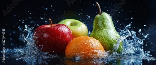 Refreshing fruit medley a vibrant still life featuring apple pear orange amidst water splash freshness