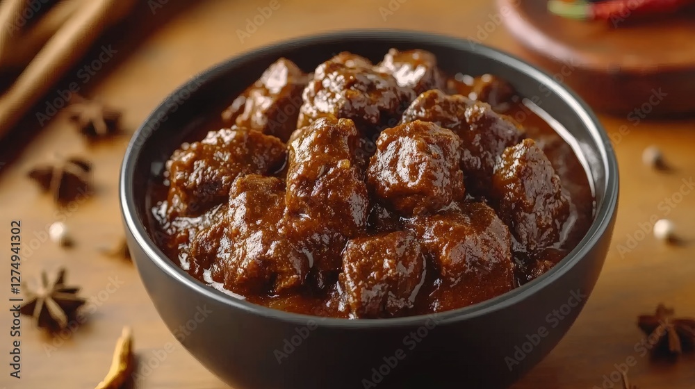 A bowl of rich, savory meat stew, garnished and ready to serve. A bowl of rich, savory meat stew, garnished and ready to serve.
