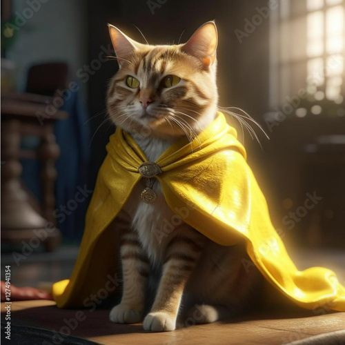 Cute cat wrapped in a yellow cape. Selective focus.