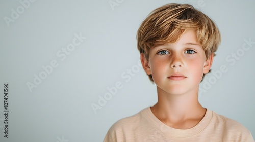 A Young Boy Embodying Confidence with Genuine Expressions Against a Soft Neutral Background. Cyberbullying, Harassment, Education Concept