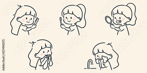 モーニングルーティーンのシンプルで可愛い女の子のベクターイラスト