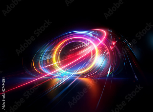 Wallpaper Mural Double exposure effect revealing vibrant light trails swirling and dancing against a stark black backdrop, creating a dynamic and abstract composition. Torontodigital.ca