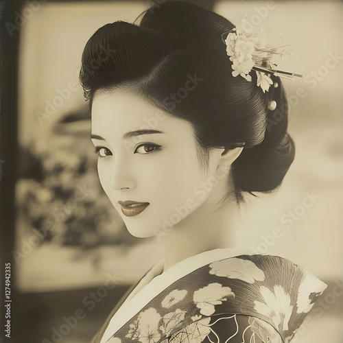 Woman in vintage Japanese kimono, elegant portrait, sepia-toned style, potential use in fashion or cultural publications photo