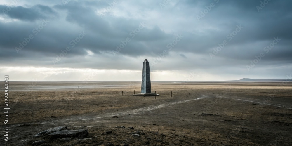 Monument stands solitary in vast desert landscape under dramatic sky near remote mountain