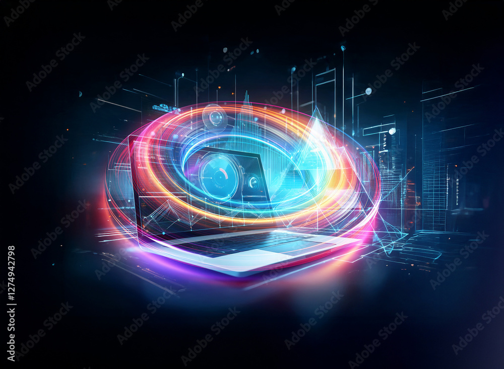 Fototapeta premium Laptop with double exposure effect, showcasing glowing lines and shapes, evoking a futuristic and digital technology concept.