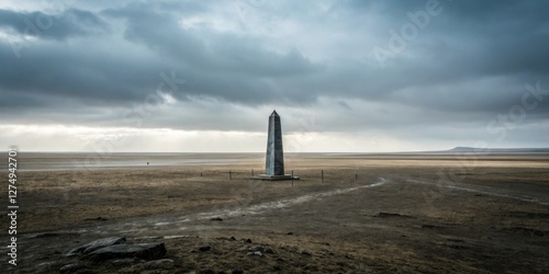 Obraz na płótnie Monument stands solitary in vast desert landscape under dramatic sky near remote mountain w salonie