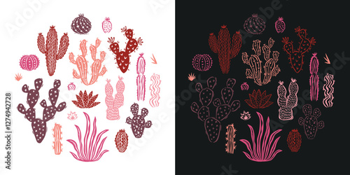 Set of cacti circle sketches isolated on white and black background. Round emblem of desert cacti. Collection of succulents. Hand drawn illustration. Vibrant colors