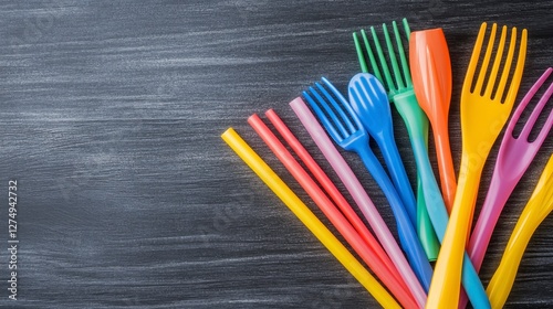 Colorful Plastic Utensils Forks and Straws on Dark Background