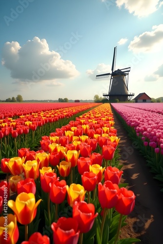 Beautiful Tulip Field with a Windmill in the Background .AI generated