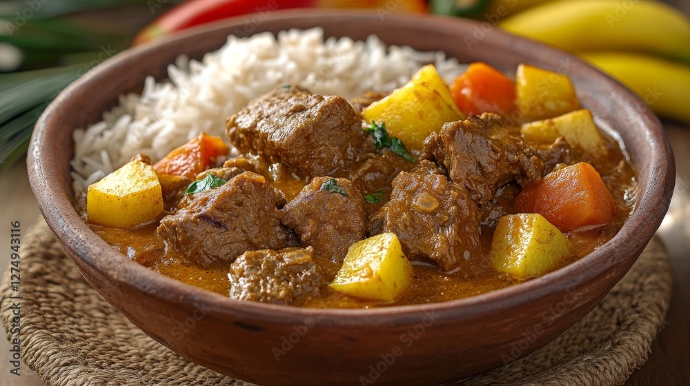 A bowl of savory beef stew with vegetables served alongside fluffy rice.