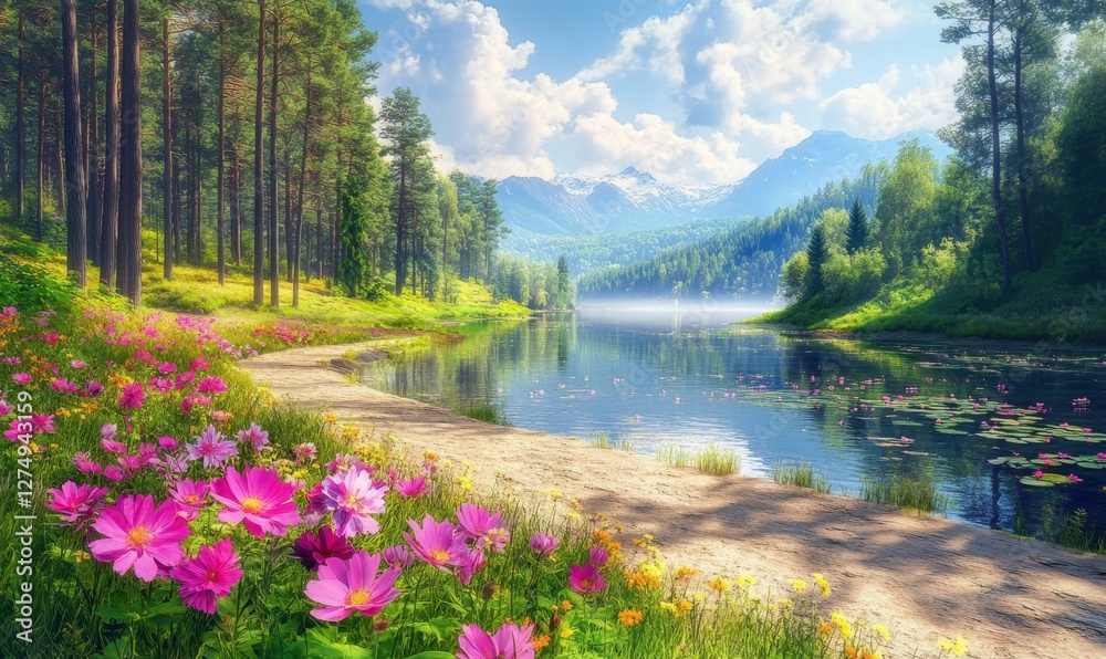 Serene lakeside view with blooming flowers, lush trees, and distant mountains under a bright sky Serene lakeside view with blooming flowers, lush trees, and distant mountains under a bright sky