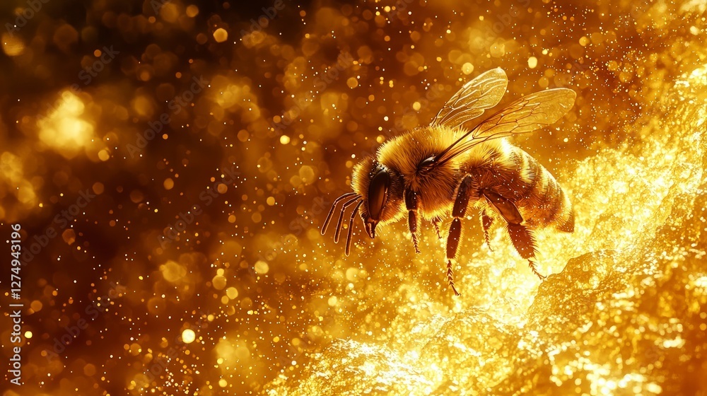 Fototapeta premium Golden Bee in Flight Pollination Nature Honey Insect Macro Photography