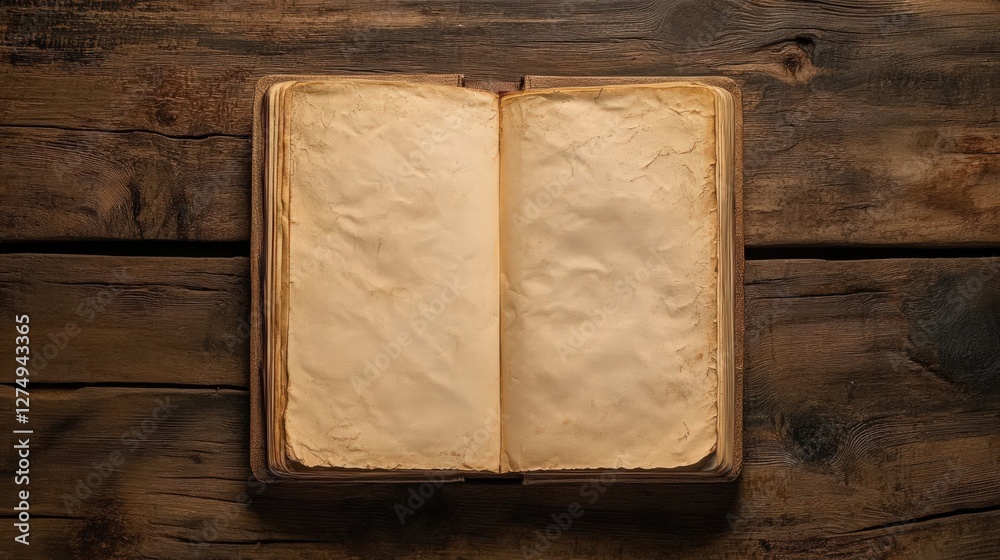 Fototapeta premium Antique Book Open on Rustic Wood Surface, Blank Pages for Text or Image