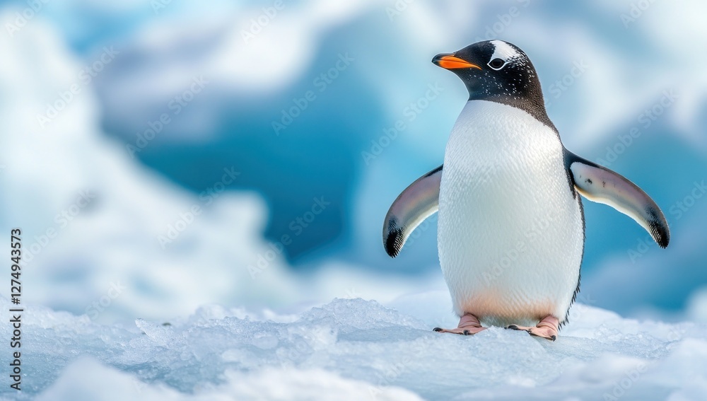 Naklejka premium Gentoo penguin standing proudly amidst the antarctic ice displaying vibrant plumage and confident posture
