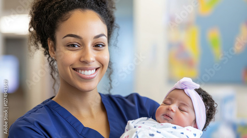 Blue hair nurse doctor woman carrying a newborn baby at pediatric home care healthcare