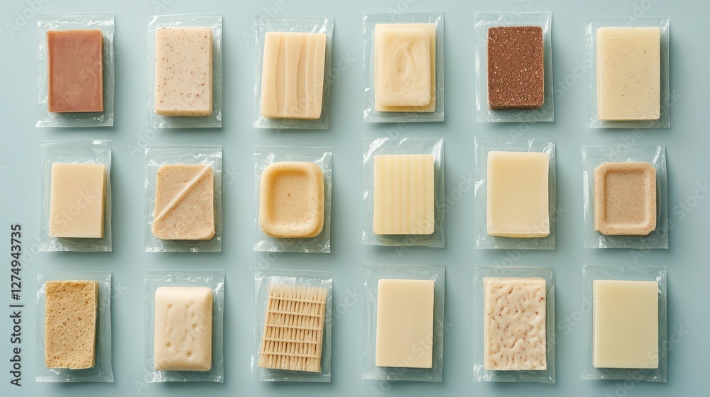 Fototapeta premium Exploring various types of artisanal soap bars kitchen table product photography indoor top-down view skincare concepts