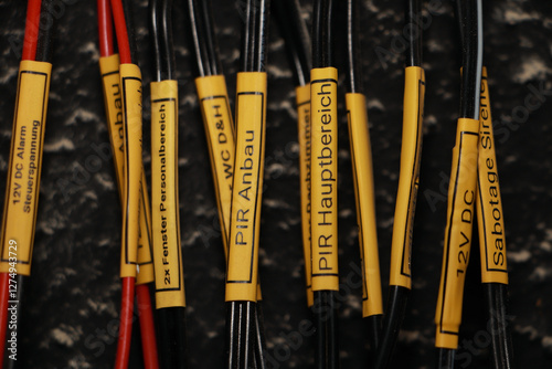 Verkabelung einer Alarmanlage. Kabelbeschriftung mit beschriftbarem Schrumpfschlauch.