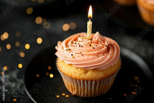 Celebratory cupcake with lit candle on dark surface photo