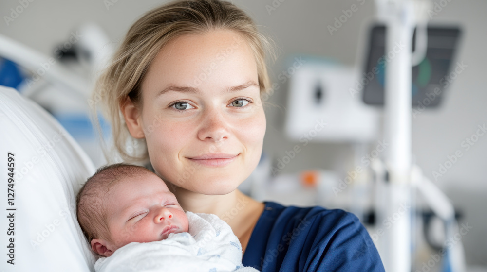 German nurse doctor woman carrying a newborn baby at pediatric home care healthcare German nurse doctor woman carrying a newborn baby at pediatric home care healthcare