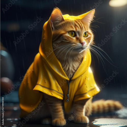 Cute ginger cat in raincoat and raincoat on dark background