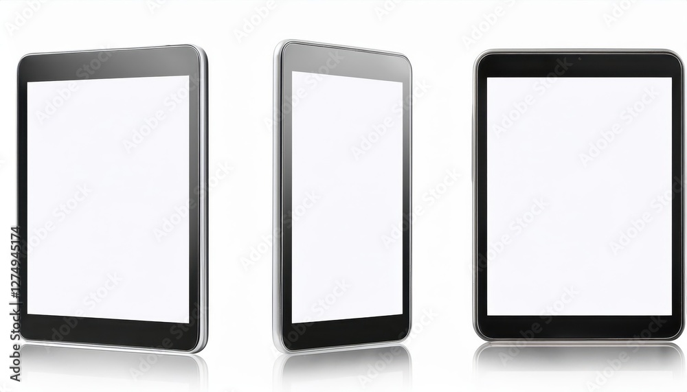 New Model Tablet Front, Side Back Views on White Background, Isolated and Illuminated in Vivid Clarity, Captivating Tech Enthusiasts with its Sophisticated Design. New Model Tablet Front, Side Back Views on White Background, Isolated and Illuminated in Vivid Clarity, Captivating Tech Enthusiasts with its Sophisticated Design.
