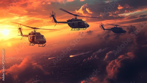 Helicopters silhouette against a vivid sunset sky with clouds and city lights creating a dramatic scene