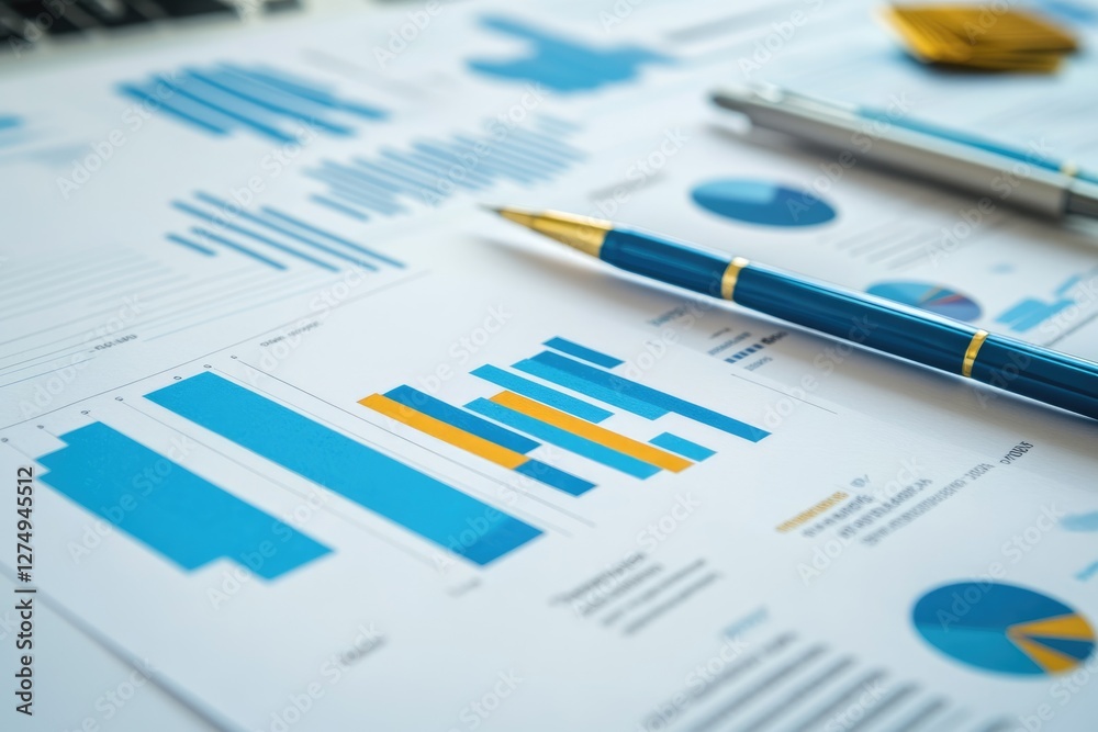 Financial Analysis: A close-up of business reports with charts and graphs, along with pens, suggesting financial analysis. Financial Analysis: A close-up of business reports with charts and graphs, along with pens, suggesting financial analysis.