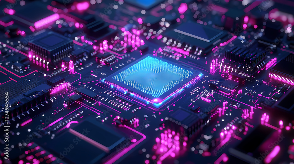 3D Render of a Circuit Board with Glowing Core Processor 3D Render of a Circuit Board with Glowing Core Processor