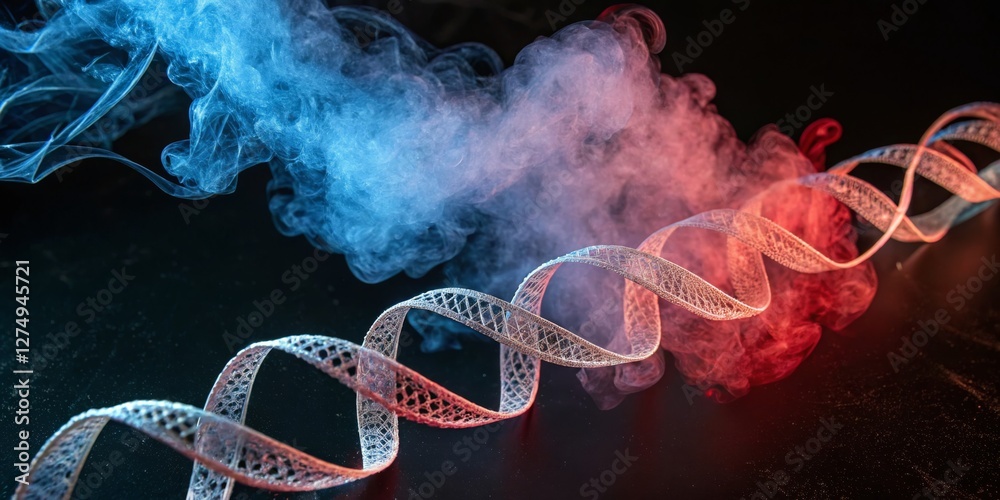 Colorful smoke entwined with a 3D molecular structure representing DNA in a creative artistic display