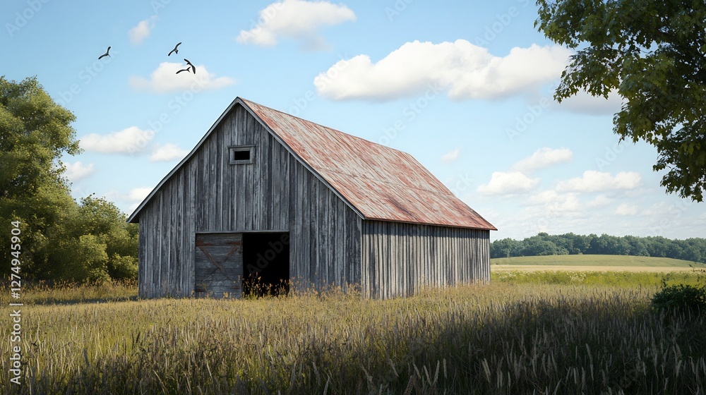 rustic barn with weathered wood and open farm fields rustic barn with weathered wood and open farm fields