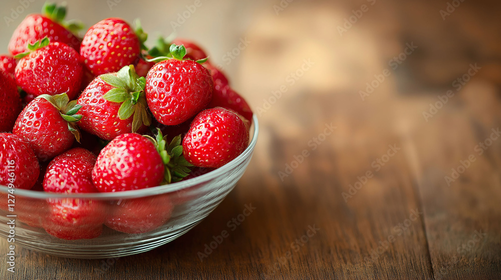 Bowl with strawberries on wooden table, space for text Bowl with strawberries on wooden table, space for text