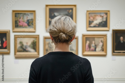 Woman viewing art gallery paintings photo