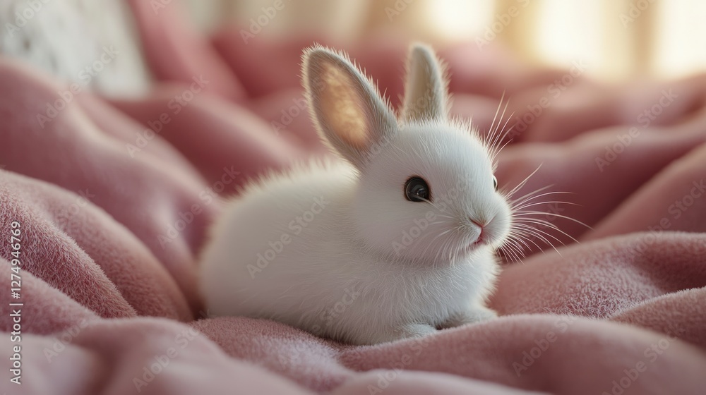Adorable White Bunny Rabbit on Pink Blanket Cute Pet Fluffy Fur Easter Spring Adorable White Bunny Rabbit on Pink Blanket Cute Pet Fluffy Fur Easter Spring