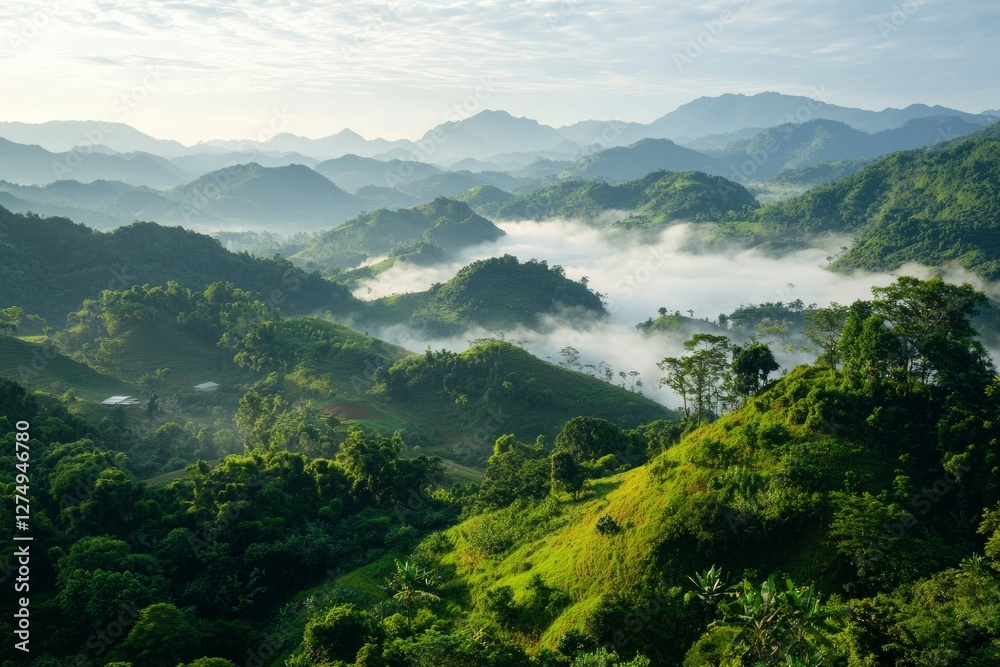 Fototapeta premium Misty Mountain Valley Landscape at Sunrise