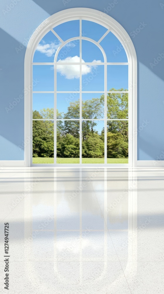 Fototapeta premium A bright room with a large window showcasing a scenic view of trees and blue sky.