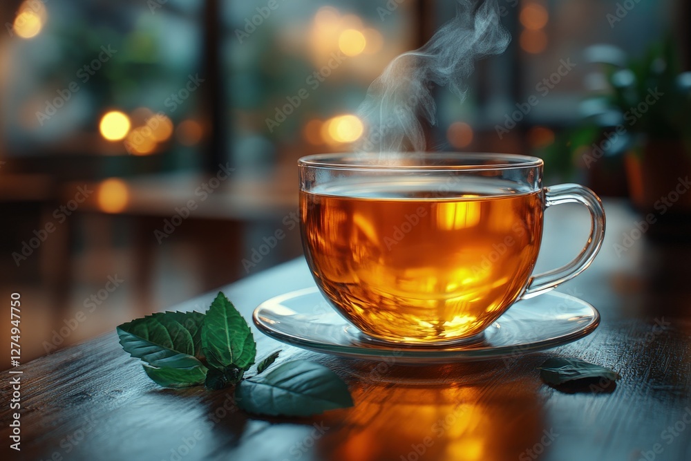 A steaming cup of tea on a wooden table, surrounded by soft glowing lights and greenery A steaming cup of tea on a wooden table, surrounded by soft glowing lights and greenery